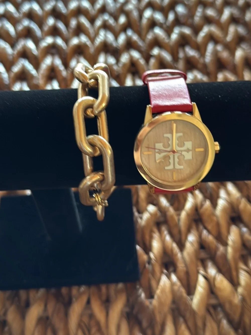 Tory Burch Red Leather Reva Watch with Gold Case 36 mm